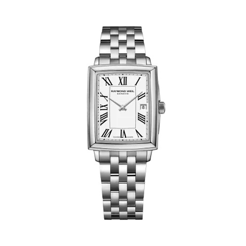Photo montrant l'intégralité de la montre Raymond Weil Toccata carrée, cadran blanc, bracelet argenté