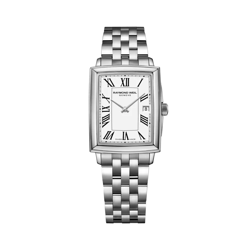Photo montrant l'intégralité de la montre Raymond Weil Toccata carrée, cadran blanc, bracelet argenté
