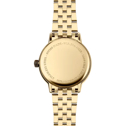 Photo montrant l'intégralité de la montre Raymond Weil Toccata classic, cadran nacré avec diamants, bracelet en or jaune