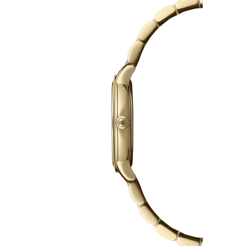 Photo montrant l'intégralité de la montre Raymond Weil Toccata classic, cadran nacré avec diamants, bracelet en or jaune