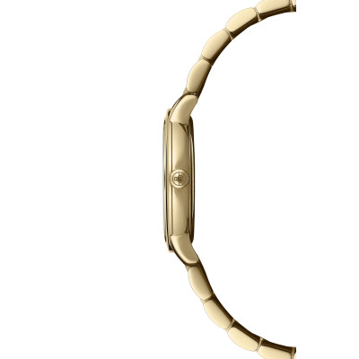 Vue profil de la montre Raymond Weil Toccata classic, cadran nacré avec diamants, bracelet en or jaune