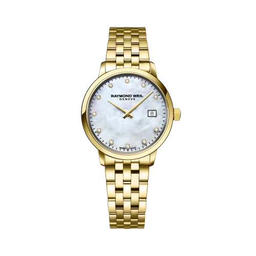 Photo montrant l'intégralité de la montre Raymond Weil Toccata classic, cadran nacré avec diamants, bracelet en or jaune