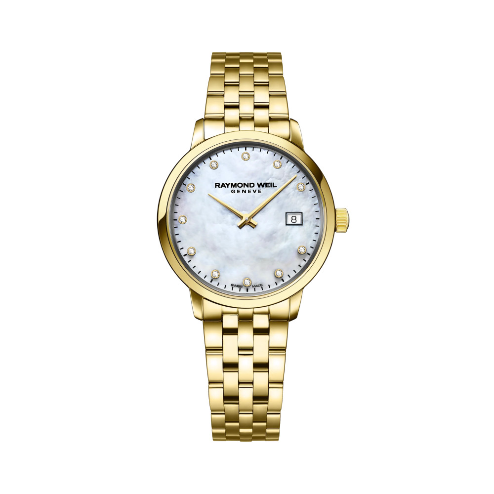 Photo montrant l'intégralité de la montre Raymond Weil Toccata classic, cadran nacré avec diamants, bracelet en or jaune
