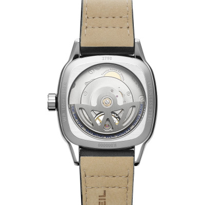 Vue de dos de la montre Raymond Weil Freelancer calibre RW1212, cadran bleu, bracelet cuir noir