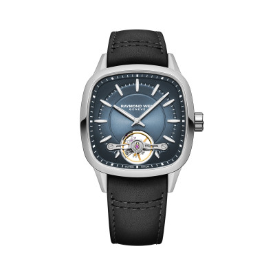 Photo montrant l'intégralité de la montre Raymond Weil Freelancer calibre RW1212, cadran bleu, bracelet cuir noir