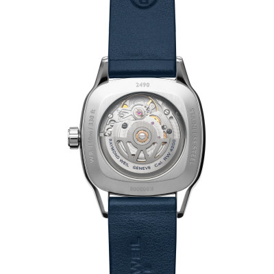 Vue de dos de la montre Raymond Weil Freelancer cushion, cadran bleu, bracelet cuir bleu