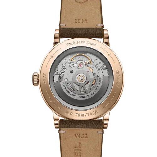 MONTRE RAYMOND WEIL MILLESIME CENTRAL SECONDS 39 MM, CADRAN ARGENTÉ, BRACELET CUIR BRUN