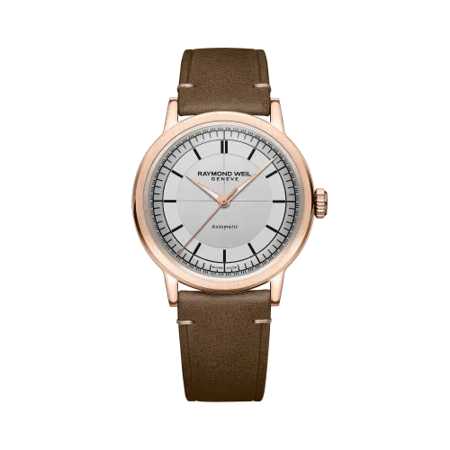 MONTRE RAYMOND WEIL MILLESIME CENTRAL SECONDS 39 MM, CADRAN ARGENTÉ, BRACELET CUIR BRUN