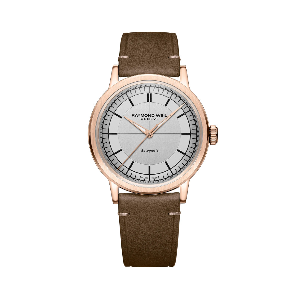 MONTRE RAYMOND WEIL MILLESIME CENTRAL SECONDS 39 MM, CADRAN ARGENTÉ, BRACELET CUIR BRUN