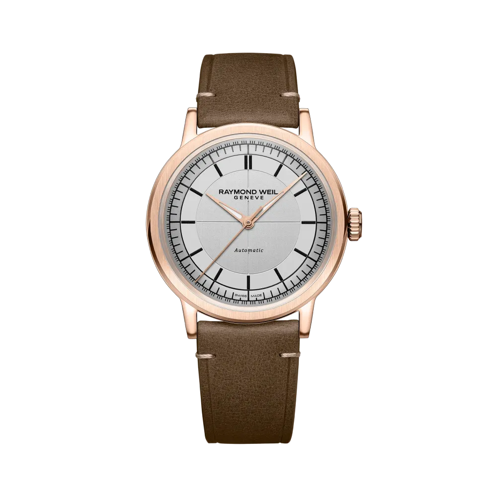 MONTRE RAYMOND WEIL MILLESIME CENTRAL SECONDS 39 MM, CADRAN ARGENTÉ, BRACELET CUIR BRUN