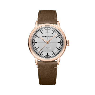 MONTRE RAYMOND WEIL MILLESIME CENTRAL SECONDS 39 MM, CADRAN ARGENTÉ, BRACELET CUIR BRUN