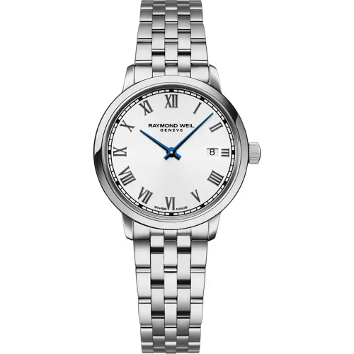 Photo montrant l'intégralité de la montre Raymond Weil Toccata Classic, cadran blanc, bracelet argenté