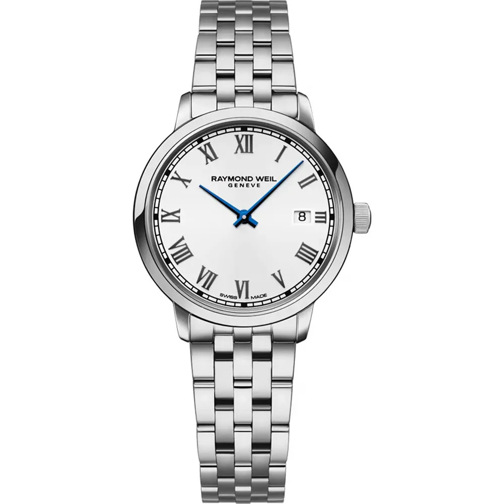 Photo montrant l'intégralité de la montre Raymond Weil Toccata Classic, cadran blanc, bracelet argenté