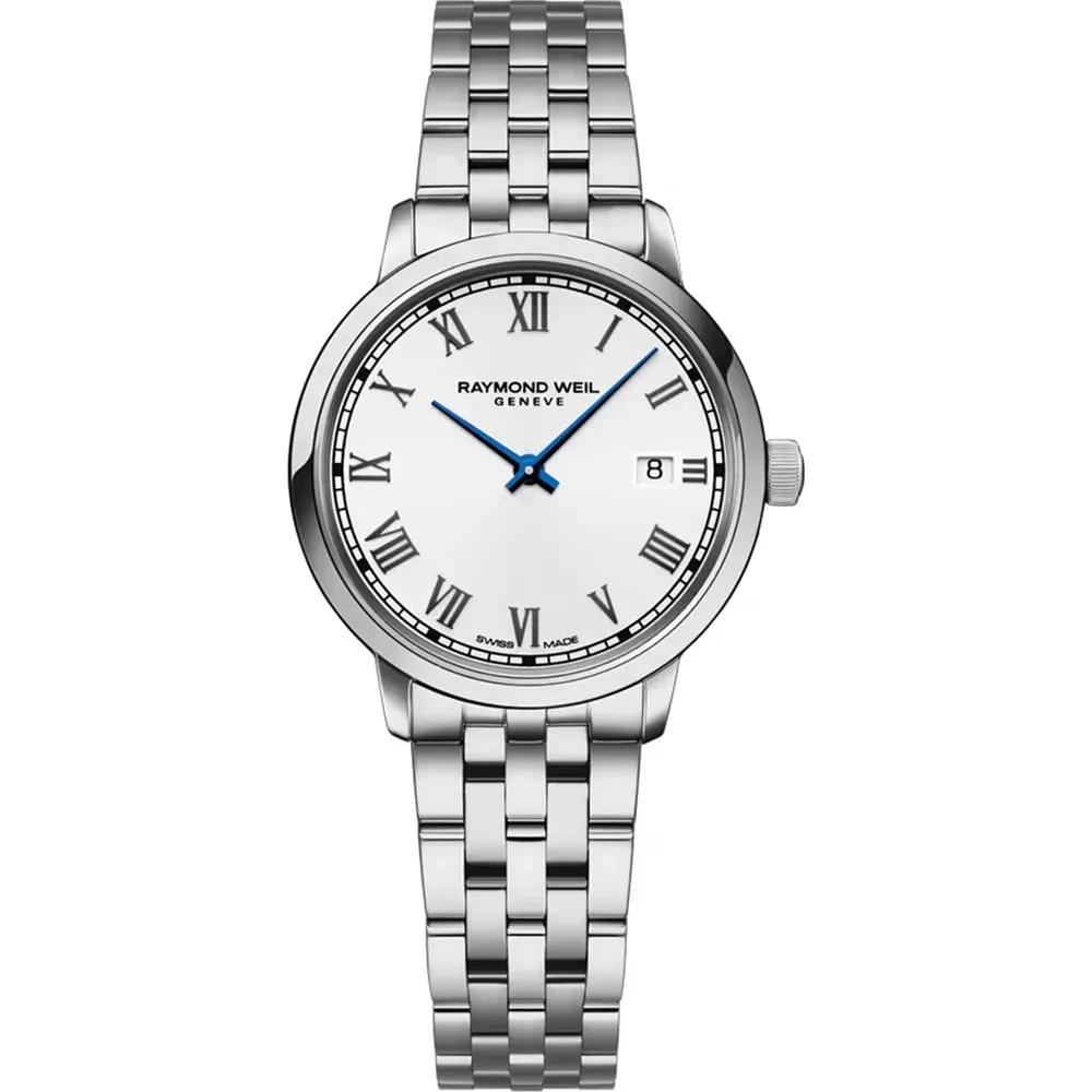 Photo montrant l'intégralité de la montre Raymond Weil Toccata Classic, cadran blanc, bracelet argenté
