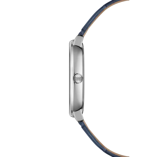 Photo montrant l'intégralité de la montre Raymond Weil Toccata Heritage, cadran bleu, bracelet cuir bleu