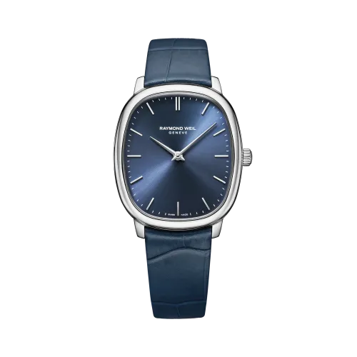 Photo montrant l'intégralité de la montre Raymond Weil Toccata Heritage, cadran bleu, bracelet cuir bleu