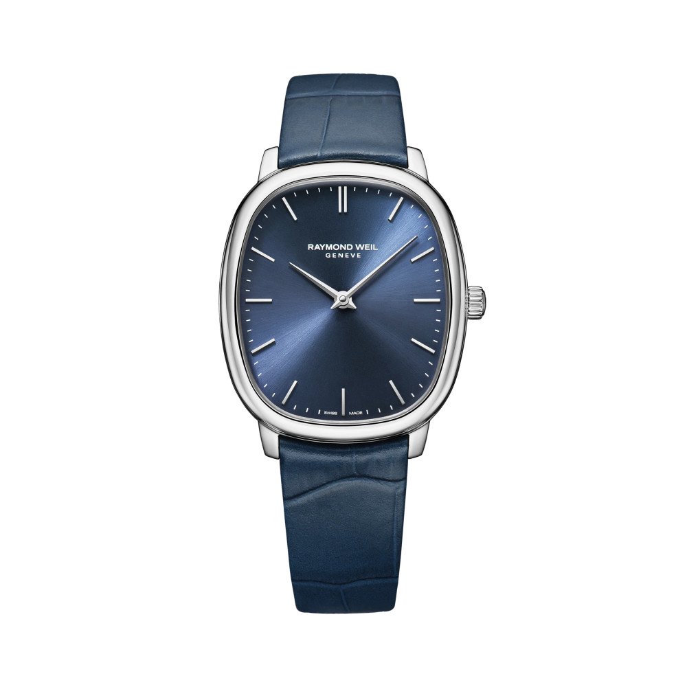 Photo montrant l'intégralité de la montre Raymond Weil Toccata Heritage, cadran bleu, bracelet cuir bleu