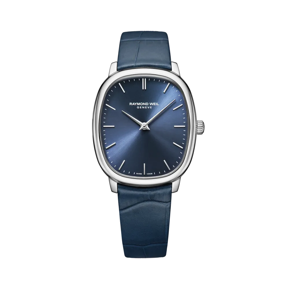 Photo montrant l'intégralité de la montre Raymond Weil Toccata Heritage, cadran bleu, bracelet cuir bleu