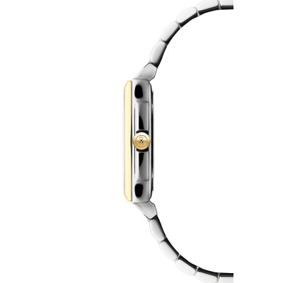 Vue profil de la montre Raymond Weil Toccata Carrée, cadran blanc, bracelet bi-colore or jaune