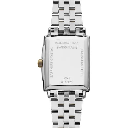 Photo montrant l'intégralité de la montre Raymond Weil Toccata Carrée, cadran blanc, bracelet bi-colore or jaune