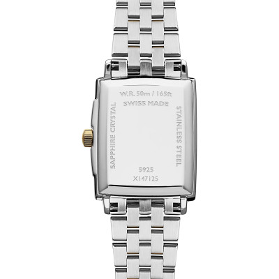 Vue de dos de la montre Raymond Weil Toccata Carrée, cadran blanc, bracelet bi-colore or jaune