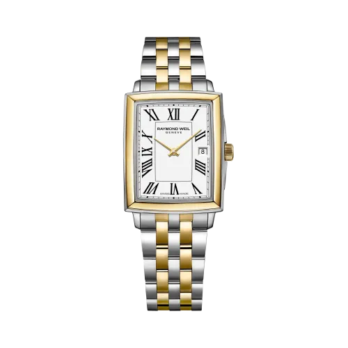Photo montrant l'intégralité de la montre Raymond Weil Toccata Carrée, cadran blanc, bracelet bi-colore or jaune