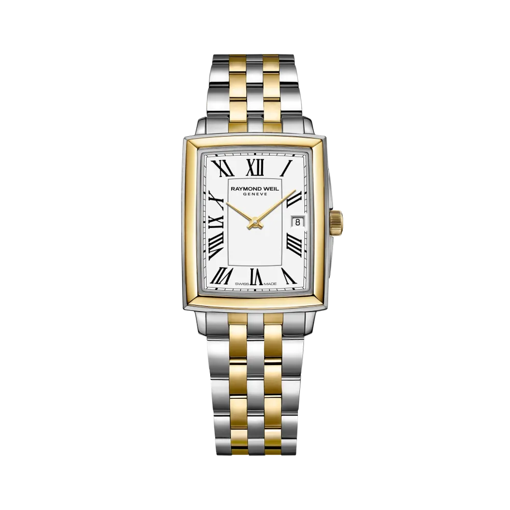 Photo montrant l'intégralité de la montre Raymond Weil Toccata Carrée, cadran blanc, bracelet bi-colore or jaune
