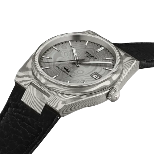 Photo montrant l'intégralité de la montre Montre Tissot PRX Acier Damas 38 mm, Cadran Gris, Bracelet Cuir Noir Grainé