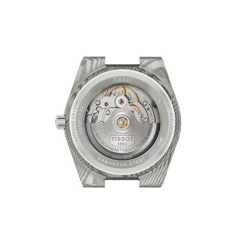 Photo montrant l'intégralité de la montre Montre Tissot PRX Acier Damas 38 mm, Cadran Gris, Bracelet Cuir Noir Grainé