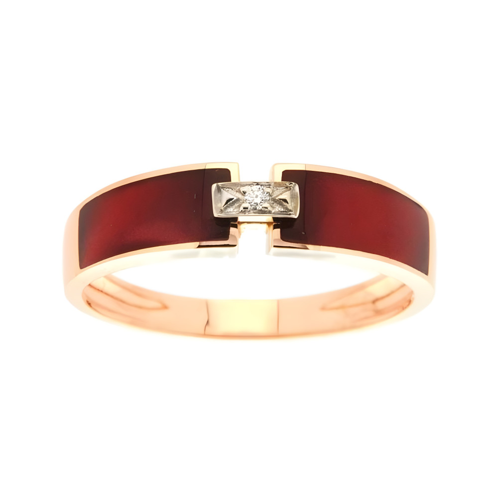 Photo présentant l’intégralité de la bague Clozeau en or rose 750/1000, sertie d’un diamant 0.01 ct et résine rouge.