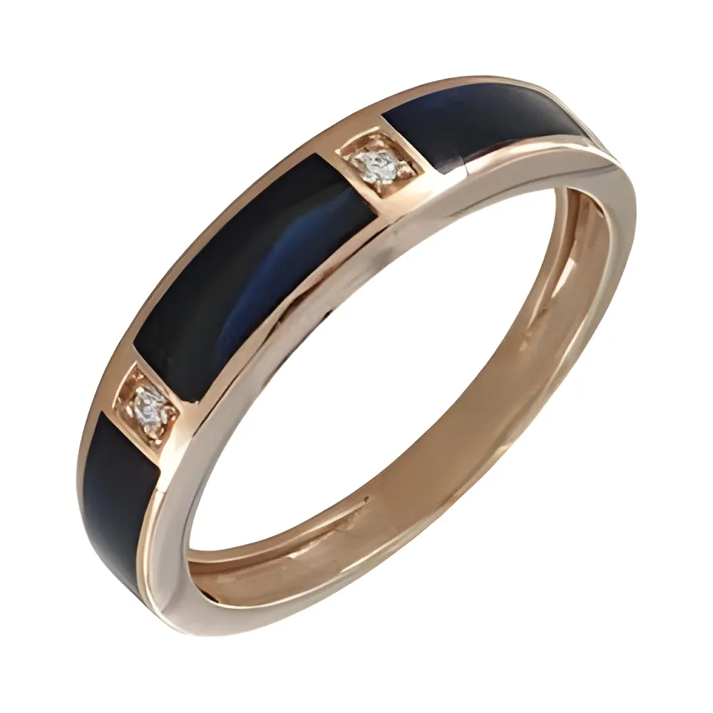 Photo présentant l’intégralité de la bague Clozeau en or rose, diamants 0.02 ct et résine Bleu de Prusse.