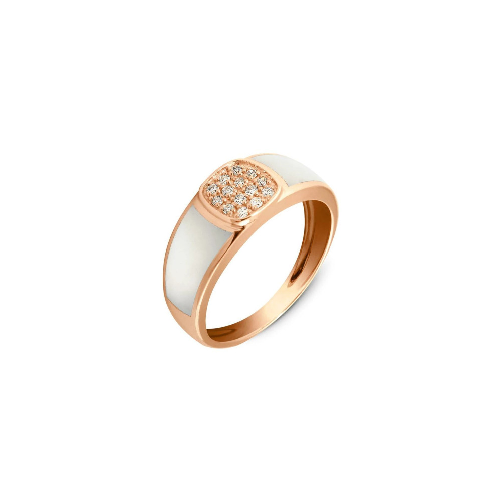 Photo présentant l’intégralité de la bague Clozeau en or rose, diamants 0.14 ct et résine blanche