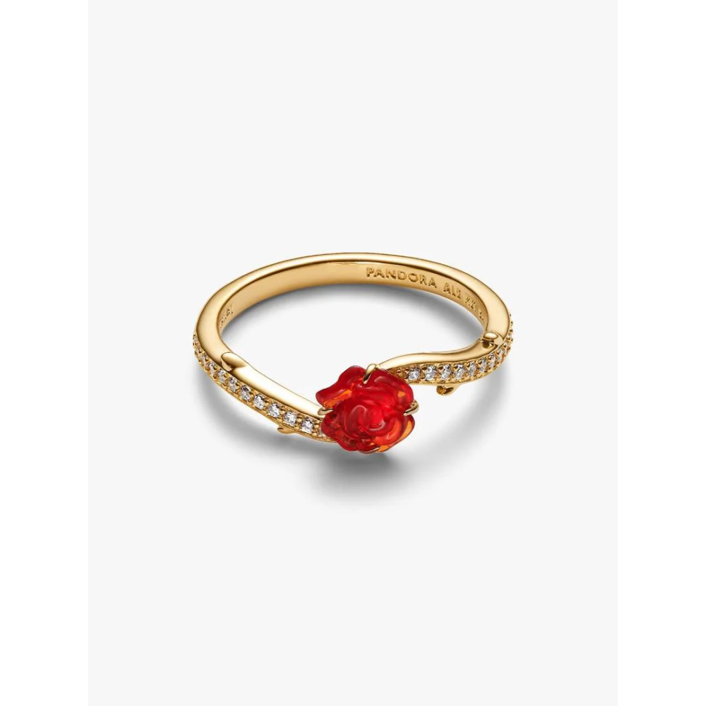 Photo présentant l’intégralité de la Pandora Bague Disney La Belle et La Bête Rose Enchantée métal doré à l’or 14 carats
