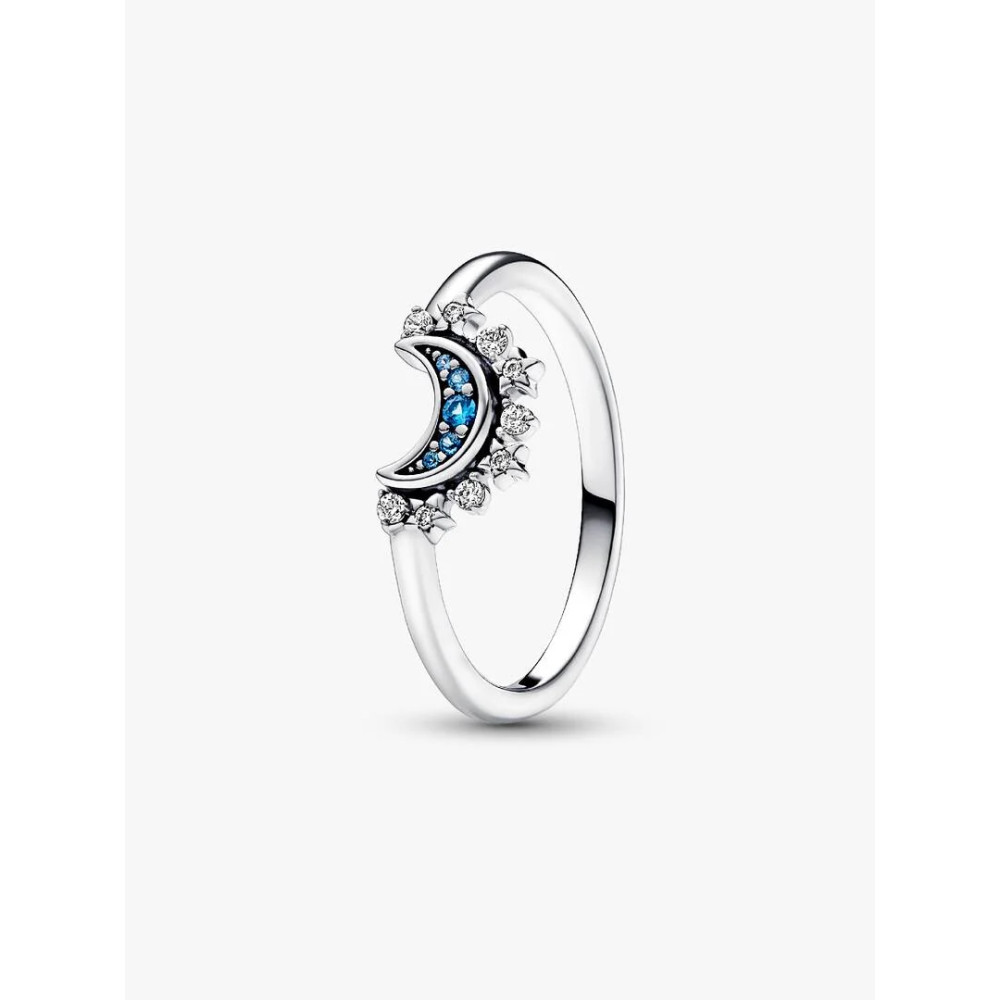 Photo présentant l’intégralité de la Pandora Bague Céleste Lune Scintillante Bleue Argent Massif