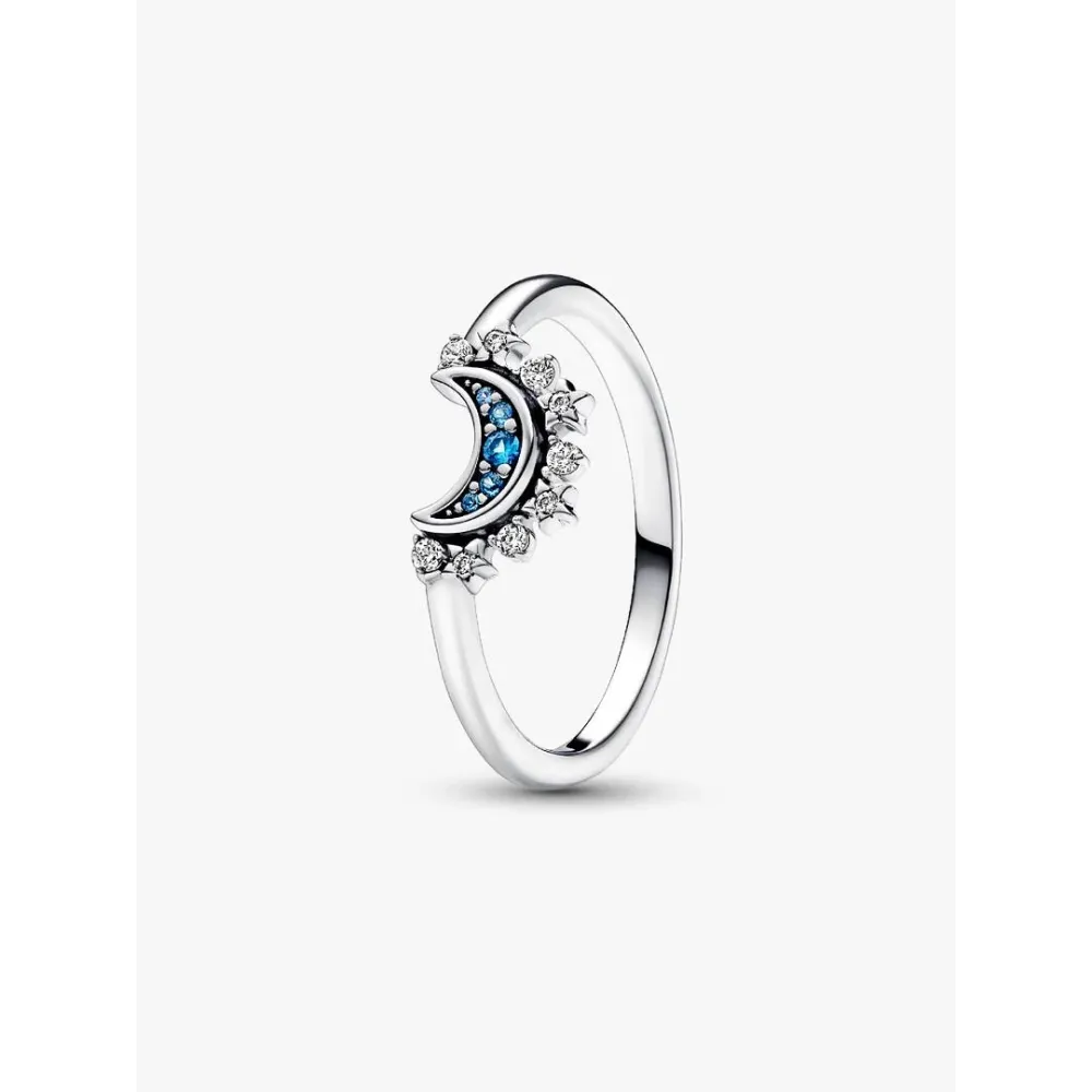 Photo présentant l’intégralité de la Pandora Bague Céleste Lune Scintillante Bleue Argent Massif