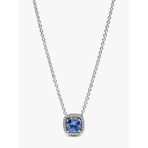 PANDORA COLLIER À PENDENTIF HALO BLEU CARRÉ SCINTILLANT ARGENT MASSIF
