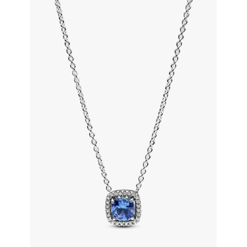 PANDORA COLLIER À PENDENTIF HALO BLEU CARRÉ SCINTILLANT ARGENT MASSIF
