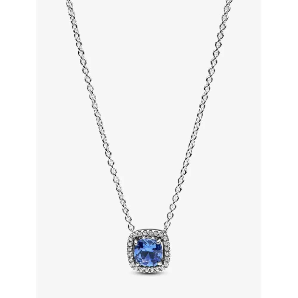 PANDORA COLLIER À PENDENTIF HALO BLEU CARRÉ SCINTILLANT ARGENT MASSIF