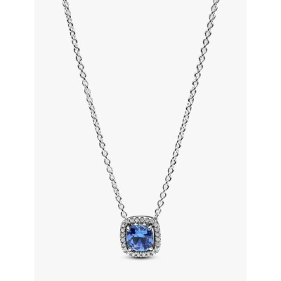 PANDORA COLLIER À PENDENTIF HALO BLEU CARRÉ SCINTILLANT ARGENT MASSIF