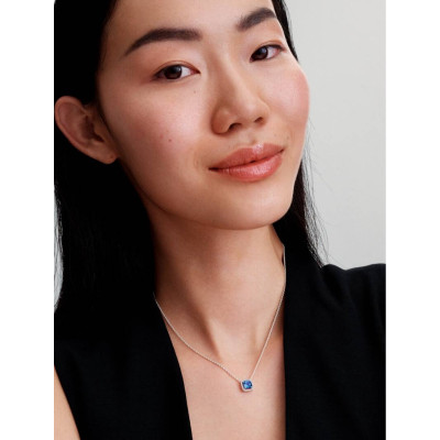 PANDORA COLLIER À PENDENTIF HALO BLEU CARRÉ SCINTILLANT ARGENT MASSIF