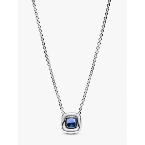PANDORA COLLIER À PENDENTIF HALO BLEU CARRÉ SCINTILLANT ARGENT MASSIF