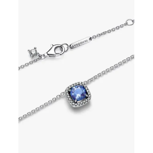 PANDORA COLLIER À PENDENTIF HALO BLEU CARRÉ SCINTILLANT ARGENT MASSIF