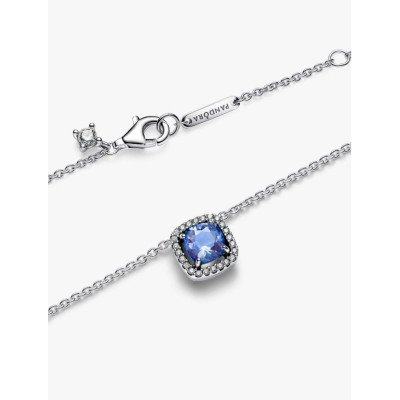 PANDORA COLLIER À PENDENTIF HALO BLEU CARRÉ SCINTILLANT ARGENT MASSIF