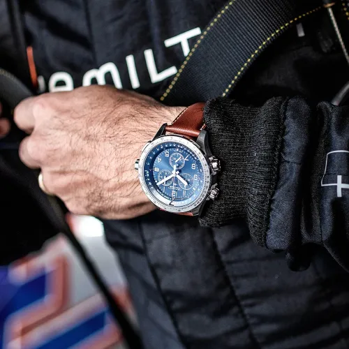 MONTRE HAMILTON KHAKI AVIATION X-WIND GMT CHRONO QUARTZ CADRAN BLUE BRACELET CADRAN MARRON