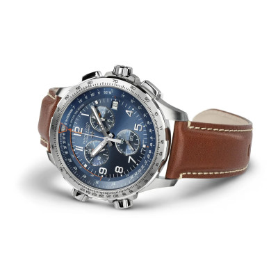 MONTRE HAMILTON KHAKI AVIATION X-WIND GMT CHRONO QUARTZ CADRAN BLUE BRACELET CADRAN MARRON