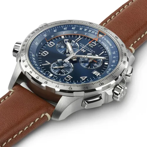 MONTRE HAMILTON KHAKI AVIATION X-WIND GMT CHRONO QUARTZ CADRAN BLUE BRACELET CADRAN MARRON
