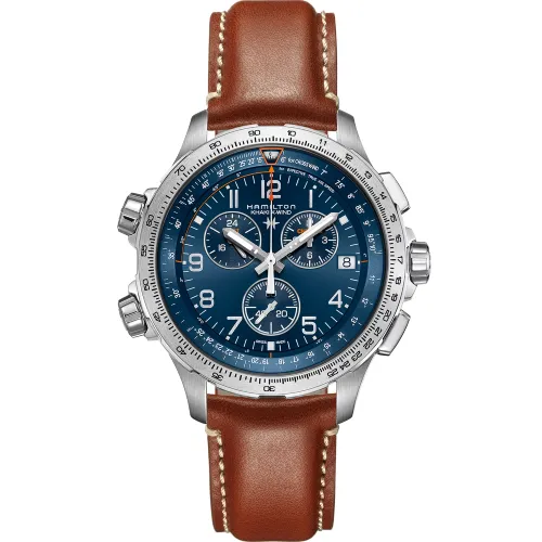 MONTRE HAMILTON KHAKI AVIATION X-WIND GMT CHRONO QUARTZ CADRAN BLUE BRACELET CADRAN MARRON