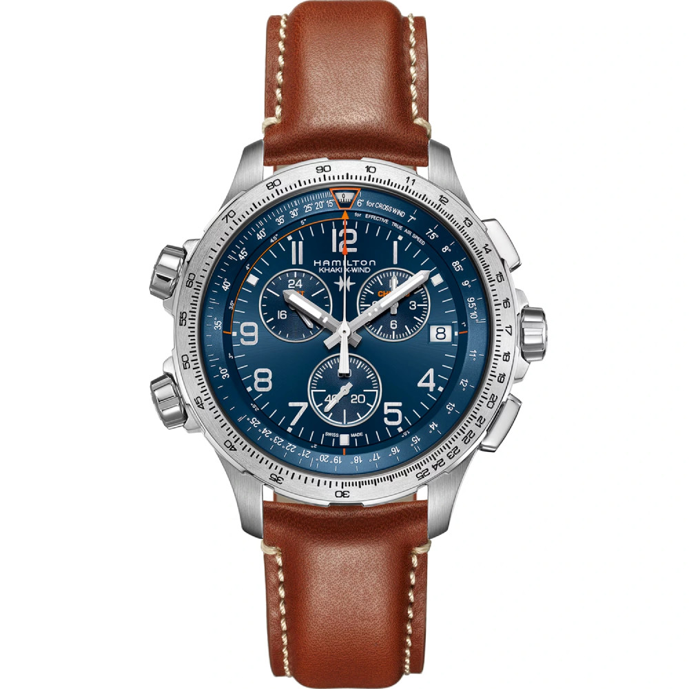 MONTRE HAMILTON KHAKI AVIATION X-WIND GMT CHRONO QUARTZ CADRAN BLUE BRACELET CADRAN MARRON