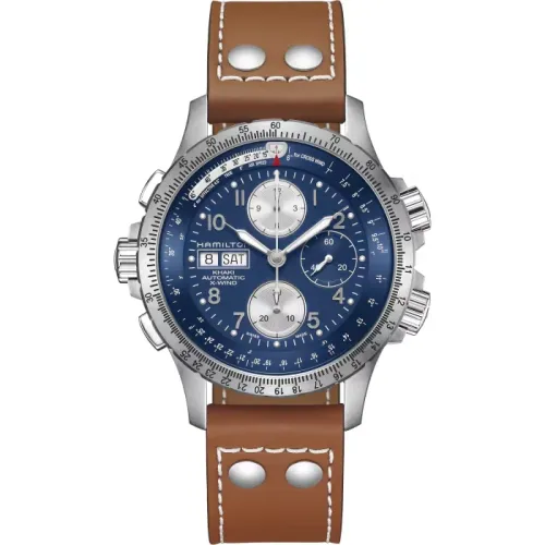 Photo montrant l'intégralité de la montre Montre Hamilton Khaki Aviation X‑Wind Auto Chrono Bracelet Cuir Marron