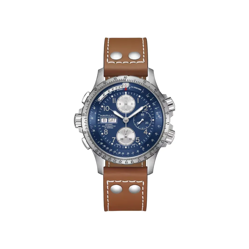 Photo montrant l'intégralité de la montre Montre Hamilton Khaki Aviation X‑Wind Auto Chrono Bracelet Cuir Marron